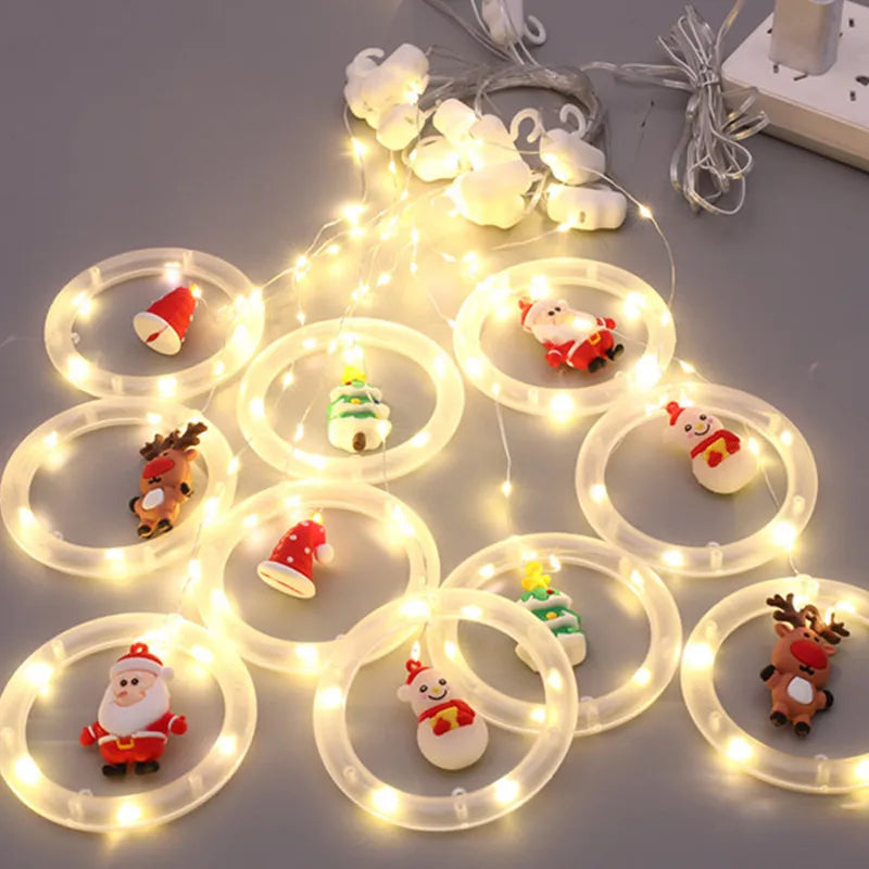 Cortina Navideña LED con Figuras 3D – Anillos y Esferas Decoradas + Control de Color Incluido.
