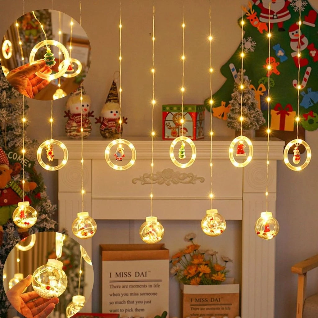 Cortina Navideña LED con Figuras 3D – Anillos y Esferas Decoradas + Control de Color Incluido.