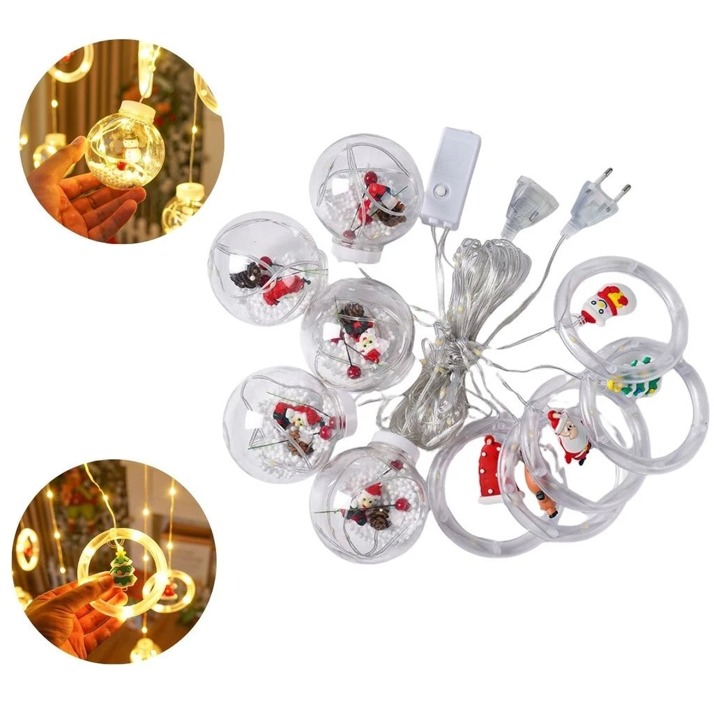 Cortina Navideña LED con Figuras 3D – Anillos y Esferas Decoradas + Control de Color Incluido.